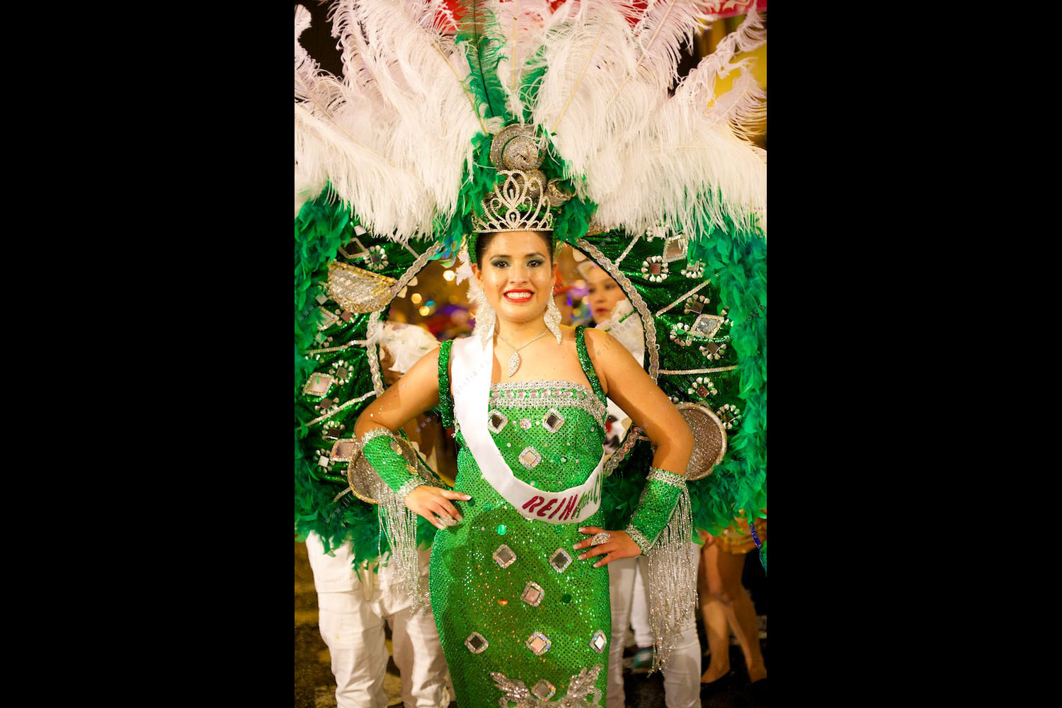 Carnaval de Barakaldo, disfraz de reina de la fiesta, con vestido verde de plumas.
