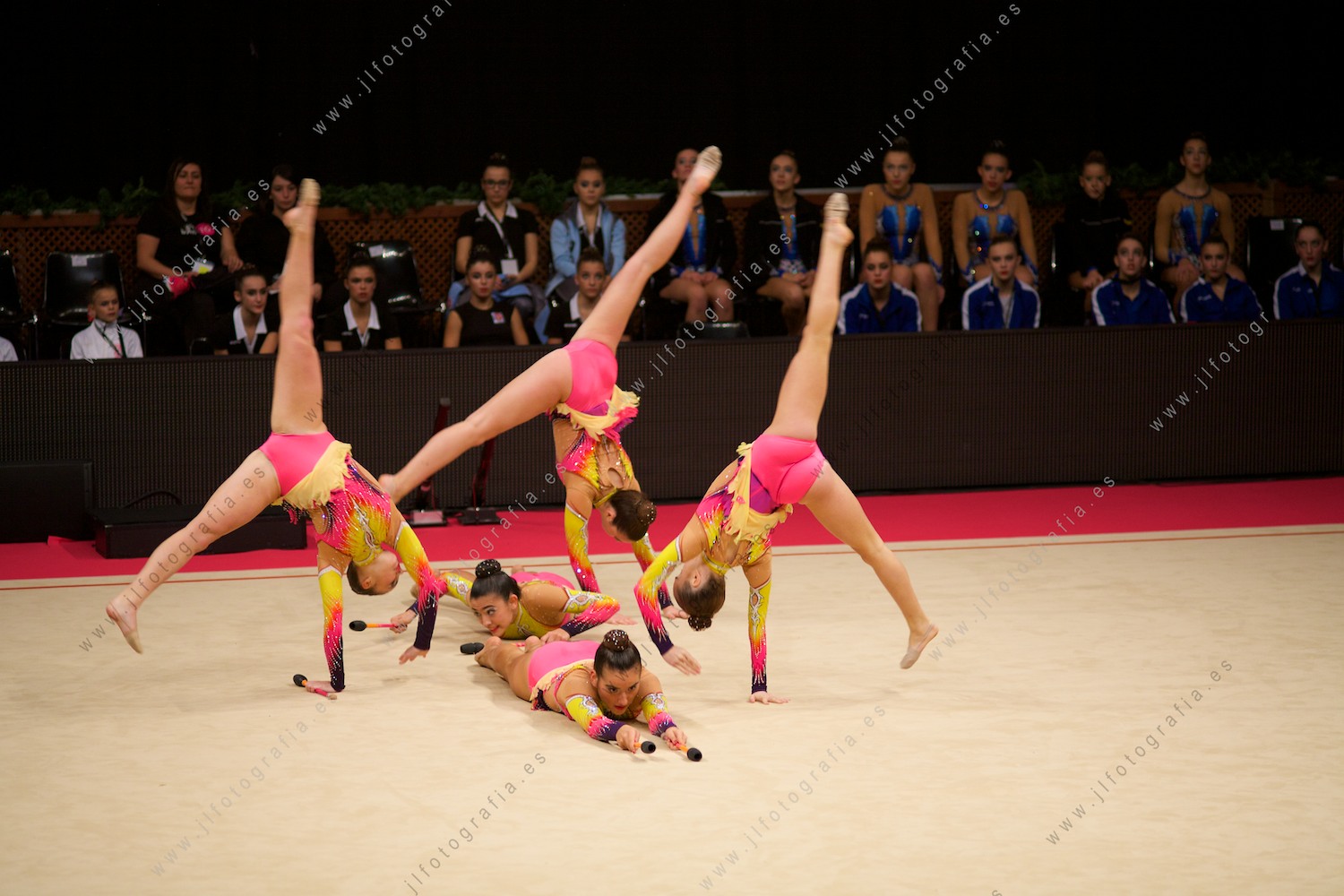 Gimnastas de rítmica por equipos en la gala del Euskalgym 10 de 2015 celebrado en el Fernando Buesa Arena de Vitoria
