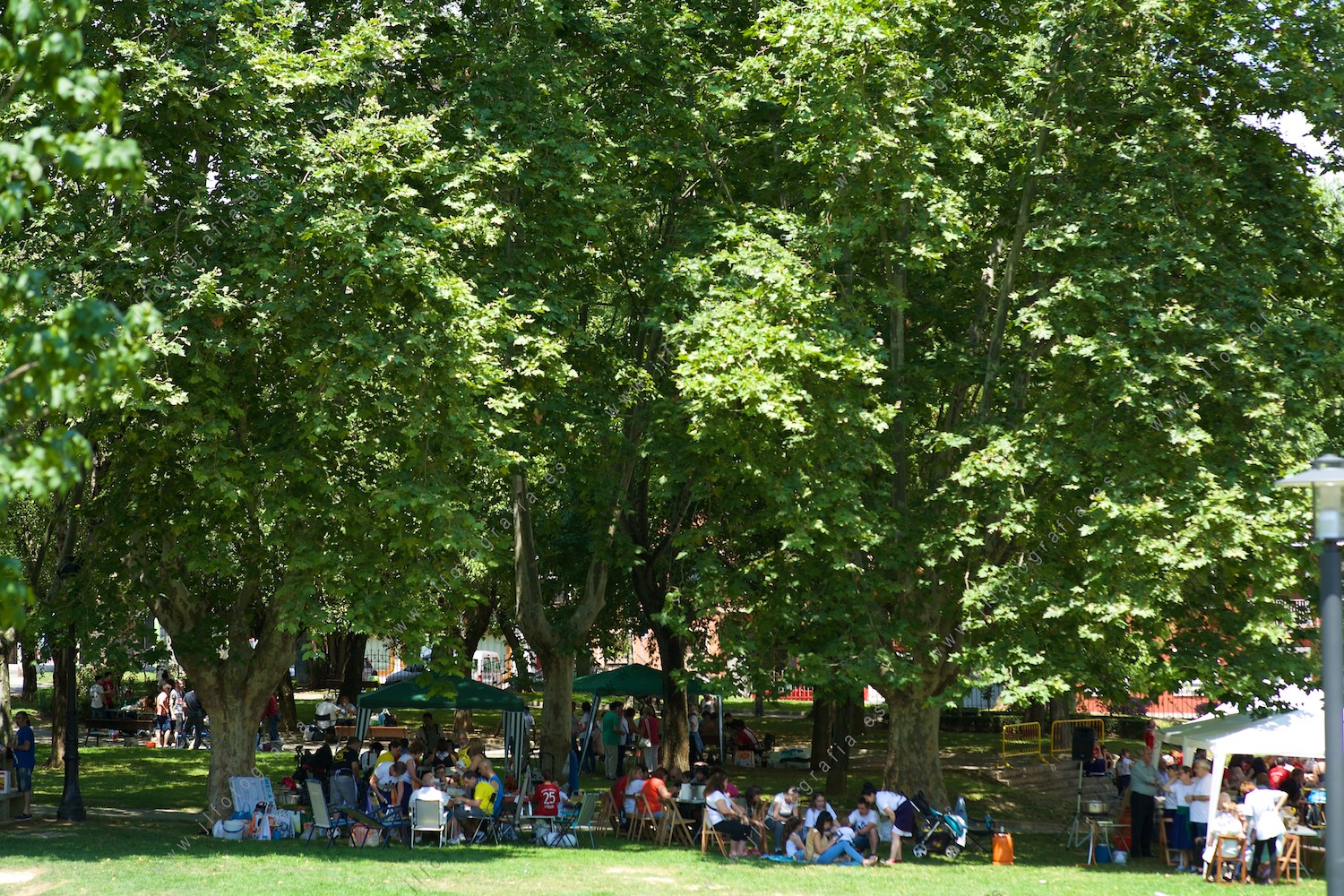 fiestas de los Cármenes de Barakaldo, las familias celebran una comida al aire libre bajo los árboles del parque de los Hermanos.