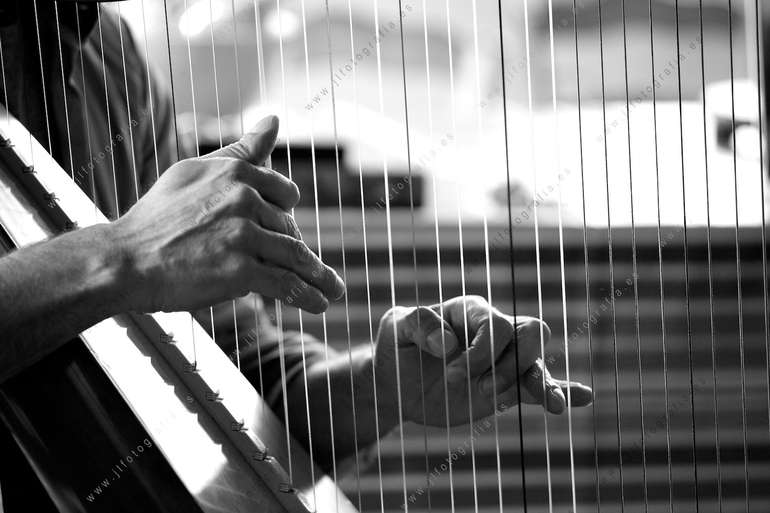 Detalle de las manos de Josep-María Ribelles tocando el arpa