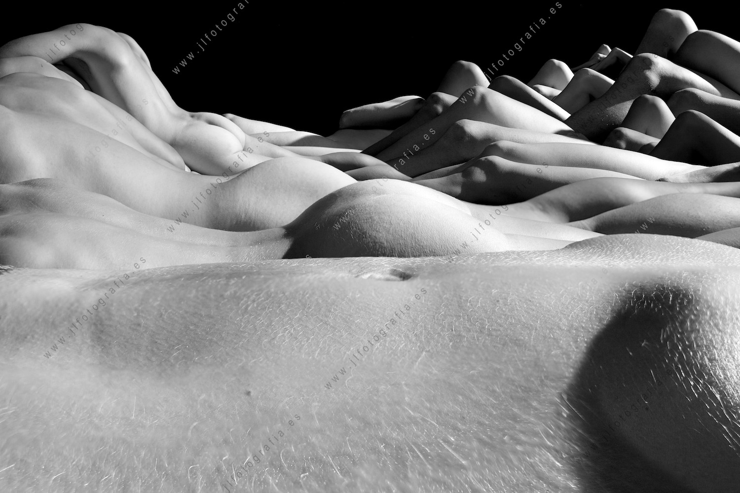 Retrato de estudio de cuerpos desnudos, composición generando un paisaje de cuerpos de hombres y mujeres