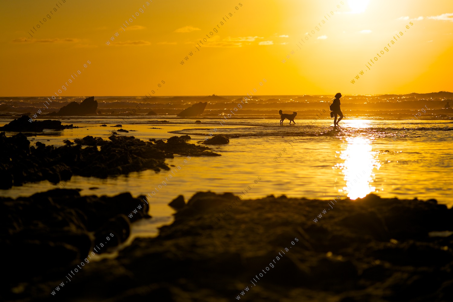 Mujer paseando con su perro en la playa de Sopelana al atardecer